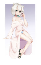 1girl absurdres animal_ears arm_support bear_ears braid breasts card choker collarbone fingernails full_body gradient_background green_eyes grin hair_ribbon hand_up high_heels highres holding holding_card indie_virtual_youtuber invisible_chair kumagai_chisato legs lips looking_at_viewer md5_mismatch nail_polish off_shoulder panties pink_nails playing_card pr_ponnyan red_ribbon resolution_mismatch ribbon robe short_hair single_braid sitting small_breasts smile solo source_smaller striped_clothes striped_panties underwear virtual_youtuber white_hair