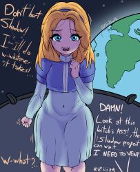 1girl absurdres blonde_hair blue_dress blue_eyes clenched_hand curvy dress earth_(planet) english_text highres imminent_penetration imminent_rape kyojiri_loli loli long_hair maria_robotnik navel nervous out_of_frame out_of_frame_male planet sega skynow solo sonic_(series) thick_thighs thighs watermark
