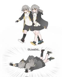 1boy 1girl aged_down animal_print artist_name black_boots black_coat black_gloves black_shorts black_skirt black_socks blue_bow boots bow caelus_(honkai:_star_rail) cat_print child closed_mouth coat dual_persona fallen_down fingerless_gloves gloves grey_hair hair_between_eyes highres holding_hands honkai:_star_rail honkai_(series) hood hooded_coat lapels leonrui long_hair long_sleeves looking_to_the_side motion_lines multiple_views open_clothes open_coat shirt short_hair shorts sidelocks simple_background skirt socks stelle_(honkai:_star_rail) t-shirt trailblazer_(honkai:_star_rail) two-sided_coat two-sided_fabric walking white_background white_shirt yellow_coat yellow_eyes zipper