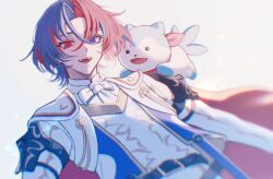 1boy 1other aqua_fur bandana bandana_around_neck blue_eyes blue_hair crossed_bangs fire_emblem fire_emblem_engage hair_between_eyes heterochromia looking_at_viewer makerunaaaaaaa male_alear_(fire_emblem) multicolored_hair nintendo open_mouth prince red_bandana red_eyes red_hair sommie_(fire_emblem) split-color_hair tri_tails two-tone_fur two-tone_hair white_fur