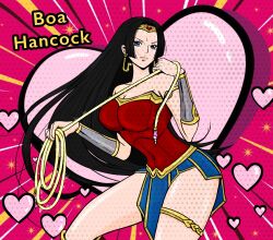 1girl absurdres bare_shoulders black_hair blue_eyes boa_hancock breasts character_name cleavage closed_mouth cosplay dc_comics earrings hair_ornament heart highres large_breasts long_hair one_piece rocckart skirt snake_earrings thighs tiara very_long_hair wonder_woman wonder_woman_(cosplay)