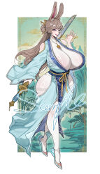 1girl animal_ears b.sa_(bbbs) breasts brown_hair cleavage dress full_body gigantic_breasts highres holding holding_sword holding_weapon huge_breasts jewelry long_hair makeup necklace original purple_eyes rabbit_ears rabbit_girl see-through_clothes smile solo sword thighhighs weapon