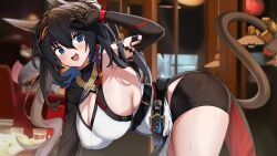 1girl absurdres all_fours animal_ears arknights arm_up armpits belt black_belt black_gloves black_hair black_shorts black_sleeves blaze_(arknights) blaze_the_igniting_spark_(arknights) blue_eyes blush breasts cat_ears cat_girl cat_tail cleavage clothing_cutout commentary dishui_tangni elbow_gloves gloves hanging_breasts highres huge_breasts indoors open_mouth ponytail shiny_skin shirt shorts side_cutout sideboob single_bare_shoulder skindentation slit_pupils solo sweat tail teeth thighs two-tone_shirt upper_teeth_only white_shirt