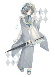 1girl absurdres alternate_costume apron black_umbrella blue_nails blue_ribbon chin_strap closed_umbrella frilled_apron frilled_hairband frills full_body grey_eyes grey_hair grey_kimono hair_ornament hairband hairclip hand_up highres holding holding_umbrella japanese_clothes kimono kk_kekong looking_at_viewer maid maid_apron maid_headdress okobo platform_sandals reverse:1999 ribbon sandals short_hair socks solo sparkle standing umbrella vertin_(reverse:1999) wa_maid watermark white_apron white_background white_hairband white_socks