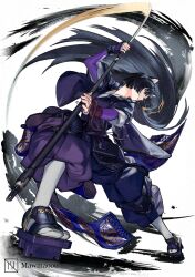 1girl animal_ears arknights black_hair geta long_hair mawmaoou polearm saga_(arknights) solo weapon