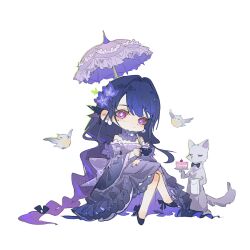 Rule 34 | 1girl, alternate costume, animal, bare shoulders, bird, blue pupils, blunt bangs, bow, bowtie, braid, cake, cat, chibi, chibi only, closed mouth, crossed legs, cup, detached collar, detached sleeves, dress, earrings, expressionless, flower, flower ornament, food, frilled dress, frilled sleeves, frills, genshin impact, hair intakes, hair ornament, head tilt, highres, holding, holding cup, holding plate, holding umbrella, jewelry, jiokexiansheng, light blush, long braid, long hair, long sleeves, looking at viewer, looking to the side, low-tied long hair, mole, mole under eye, multicolored eyes, multicolored hair, necklace, pearl earrings, pearl necklace, plate, purple dress, purple eyes, purple flower, purple hair, raiden shogun, simple background, single braid, sitting, solo, streaked hair, sweets, teacup, umbrella, white background, wide sleeves