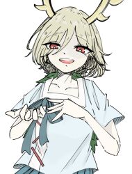 1girl 39_mme antlers blonde_hair blue_shirt collarbone dragon_girl dragon_horns green_scales hair_between_eyes horns kicchou_yachie looking_at_viewer monster_girl open_mouth red_eyes scales shirt short_hair short_sleeves simple_background smile solo square_neckline standing touhou turtle_shell upper_body white_background yellow_horns