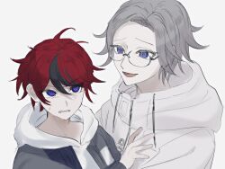 2boys ahoge aotsuki_eito black_hair blue_eyes drawstring glasses grey_hair hair_between_eyes highres hood hoodie male_focus messy_hair multicolored_eyes multicolored_hair multiple_boys open_mouth pink_eyes red_hair sumino_takumi the_hundred_line_-last_defense_academy- upper_body