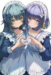 07nono06 2girls absurdres alternate_costume apron black_choker black_dress blush bow choker collarbone dress enmaided gakuen_idolmaster green_eyes green_hair hair_bow hair_flaps hataya_misuzu heart heart_hands heart_hands_duo heart_in_heart_hands highres idolmaster long_hair looking_at_viewer maid maid_apron maid_headdress mole mole_under_mouth multiple_girls purple_eyes purple_hair short_hair simple_background tsukimura_temari very_long_hair white_apron white_background