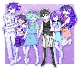 2girls 4boys :d ^_^ antenna_hair apple arms_at_sides aubrey_(headspace)_(omori) aubrey_(omori) banana bare_arms bare_shoulders barefoot basil_(headspace)_(omori) basil_(omori) basket black_eyes black_hair black_socks black_tank_top blue_dress blue_flower blue_overalls blue_rose blush border brother_and_sister brothers brown_skirt buttons checkered_clothes closed_eyes closed_mouth collarbone collared_shirt colored_skin commentary_request dot_nose double-parted_bangs dress elbow_carry empty_eyes expressionless facing_another facing_viewer flower flower_wreath food fruit full_body grapes green_hair green_shirt hair_between_eyes hair_flower hair_ornament head_wreath hector_(omori) hero_(headspace)_(omori) hero_(omori) highres holding holding_basket holding_hands holding_picnic_basket holding_stuffed_toy kel_(headspace)_(omori) kel_(omori) kneehighs knees_together_feet_apart leaf long_hair long_sleeves looking_at_viewer mari_(headspace)_(omori) mari_(omori) miniskirt mr._plantegg_(omori) multiple_boys multiple_girls neckerchief no_pupils no_shoes omori open_mouth outline outside_border overall_shorts overalls pants picnic_basket pink_flower piyosuke_(piyoneko_suke) pleated_skirt purple_background purple_flower purple_hair purple_rose purple_shorts purple_sweater_vest red_neckerchief rock rose shirt short_dress short_hair short_sleeves shorts siblings simple_background skirt smile socks standing standing_on_one_leg star_(symbol) striped_clothes striped_shorts stuffed_eggplant stuffed_toy sweater_vest tank_top teeth upper_teeth_only v-shaped_eyebrows vertical-striped_clothes vertical-striped_shorts white_border white_outline white_pants white_shirt white_shorts white_skin