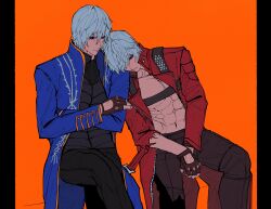 Rule 34 | 2boys, abs, absurdres, bare pectorals, black gloves, black shirt, blue coat, blue eyes, brothers, chest strap, closed mouth, coat, collarbone, crossed arms, dante (devil may cry), devil may cry, devil may cry (series), devil may cry 3, feet out of frame, fingerless gloves, fingernails, glove cutout, gloves, hair down, head on another&#039;s shoulder, high collar, highres, invisible chair, long sleeves, male focus, mauli0889, multiple boys, navel, orange background, parted bangs, pectorals, pillarboxed, popped collar, red coat, shirt, short hair, siblings, sitting, torn sleeve, twins, unzipped, vergil (devil may cry), zipper