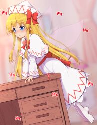 Rule 34 | 1girl, barefoot, blonde hair, blue eyes, blush, bow, crotch rub, desk, dress, fairy wings, female masturbation, hat, highres, lily white, masturbation, masturbation through clothes, red bow, solo, table humping, teoi (good chaos), touhou, white dress, wings