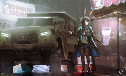 1girl absurdres ad amiya_(arknights) animal_ears arknights armored_personnel_carrier armored_vehicle black_jacket blue_eyes brown_hair building car city cityscape commentary_request expressionless full_body hair_between_eyes highres holding jacket long_hair long_sleeves military_truck military_vehicle mo_ne motor_vehicle open_clothes open_jacket outdoors pantyhose ponytail rabbit_ears shirt sidelocks skirt solo truck vehicle_focus