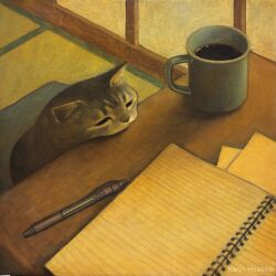 :&lt; animal animal_focus artist_name black_eyes cat closed_mouth coffee coffee_mug commentary_request cup cushion desk half-closed_eyes head_rest highres karin_hosono mug no_humans notebook original paper pen shouji slice_of_life sliding_doors spiral_notebook tabby_cat