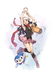 1girl :d absurdres armpits bag beanie black_hair black_shirt black_socks boots bracelet bubble commentary dawn_(pokemon) duffel_bag floating_scarf gen_4_pokemon grey_eyes hair_ornament hairclip hat highres holding holding_poke_ball jewelry kneehighs knees_together_feet_apart leg_up long_hair nintendo open_mouth pink_boots pink_skirt piplup poke_ball poke_ball_(basic) poke_ball_print pokemon pokemon_(creature) pokemon_dppt poketch red_scarf rekari_(rekari628) revision scarf shirt skirt sleeveless sleeveless_shirt smile socks solo sparkle teeth tongue upper_teeth_only watch white_hat wristwatch yellow_bag