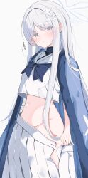 1girl absurdres bandaged_arm bandages black_undershirt blue_archive blue_bow blue_bowtie blush bow bowtie clothes_pull commentary cropped_shirt grey_hair groin halo haori highres japanese_clothes long_hair looking_at_viewer nagusa_(blue_archive) navel nui_(nuinui0300) open_clothes open_skirt pleated_skirt school_uniform serafuku simple_background skirt skirt_pull solo stomach straight_hair sweatdrop translation_request very_long_hair white_background white_serafuku