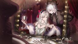 2girls ahoge alternate_costume aqua_eyes arm_behind_back bare_shoulders black_horns black_necktie black_tail bow breasts carlotta_(wuthering_waves) cleavage closed_mouth commentary cup curled_horns dress drinking_glass earrings english_commentary feather_boa fingernails grey_hair hair_bow hairband holding holding_cup horns indoors jewelry long_hair looking_at_another looking_at_viewer makeup_palette medium_breasts multicolored_hair multiple_girls necktie parted_bangs pink_bow pink_hairband purple_dress reflection salmon88 see-through_cleavage see-through_clothes sitting smile streaked_hair striped_bow wuthering_waves zani_(wuthering_waves)