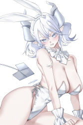 Rule 34 | 1girl, animal ears, bare shoulders, blush, breasts, cleavage, cowboy shot, demon girl, demon horns, demon tail, drill hair, duel monster, earrings, eyelashes, grey eyes, grey hair, highres, horns, jewelry, leotard, lovely labrynth of the silver castle, playboy bunny, pointy ears, rabbit ears, sanzakasun, side-tie leotard, simple background, slit pupils, solo, strapless, strapless leotard, tail, twin drills, white background, white leotard, yu-gi-oh!