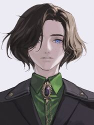 1boy black_gemstone black_hair black_jacket blue_eyes brooch collared_shirt commentary freckles gem green_shirt hair_over_one_eye hashtag-only_commentary jacket jewelry lapels lies_of_p looking_at_viewer male_focus mik_blamike parted_lips pinocchio_(lies_of_p) shirt simple_background solo straight-on upper_body white_background wing_collar
