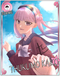 1boy 1girl black_bow blue_background blue_sky blush bow character_name cloud collarbone female_focus hair_bow long_hair long_sleeves looking_at_viewer matching_hair/eyes open_mouth pink_eyes pink_hair pov pov_hands simple_background sky star_(symbol) the_hundred_line_-last_defense_academy- tsukumo_ima tsukumo_kako twintails