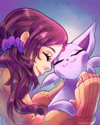 1girl :3 artist_name brown_hair closed_mouth commentary crossover english_commentary espeon eyelashes forehead_jewel gen_2_pokemon hair_ornament hair_scrunchie holding holding_pokemon joypandaah kurashiki_akane kyokugen_dasshutsu lips long_hair long_sleeves nintendo pokemon pokemon_(creature) power_connection scrunchie side_ponytail smile zero_escape:_toki_no_dilemma