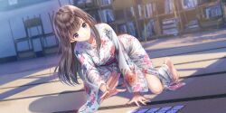Rule 34 | 1girl, barefoot, blue reflection (series), blue reflection sun, book, bookshelf, breasts, brown hair, chair, classroom, collarbone, floral print, floral print kimono, game cg, grey eyes, highres, indoors, japanese clothes, karuta (card game), kasuga shiho, kimono, kishida mel, kneeling, long hair, long sleeves, medium breasts, non-web source, obi, official art, playing games, print kimono, sash, school chair, solo, straight hair, swept bangs, white kimono