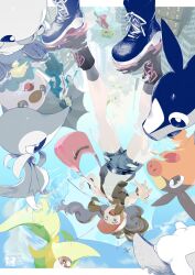 1boy 2girls :d bag bianca_(pokemon) boots brown_hair cheren_(pokemon) e_volution gen_5_pokemon handbag hat hilda_(pokemon) long_hair looking_down multiple_girls nintendo open_clothes open_mouth open_vest oshawott pink_bag pokemon pokemon_bw reflection shirt shorts sidelocks smile snivy socks starter_pokemon_trio tepig vest white_headwear wristband