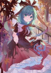 1girl absurdres bow clothes_lift dress dress_lift frilled_dress frilled_ribbon frills front_ponytail green_eyes green_hair hair_bow hair_ribbon highres kagiyama_hina kitahara_(pixiv_19528441) looking_at_viewer red_bow red_dress red_ribbon ribbon smile solo touhou tree