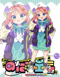 1girl :d ahoge asymmetrical_footwear bandaid bandaid_on_hand bandaid_on_leg black_jacket black_socks blue_shoes blush_stickers commentary_request drawstring full_body green_eyes green_hoodie green_outline hair_ornament hand_up highres hood hood_down hoodie horns index_finger_raised jacket long_hair long_sleeves looking_at_viewer mismatched_footwear multiple_views notamaru_2 open_clothes open_jacket open_mouth original outline pink_hair purple_horns red_shoes shoes smile socks standing star_(symbol) star_hair_ornament tongue tongue_out white_background zoom_layer