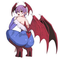 1girl ass blue_pantyhose boots bridal_gauntlets commentary darkstalkers demon_girl demon_wings english_commentary fang formicid full_body head_wings heart high_heel_boots high_heels highres lilith_(darkstalkers) looking_at_viewer looking_back open_mouth pantyhose purple_hair red_eyes red_wings short_hair smile solo squatting white_background wings