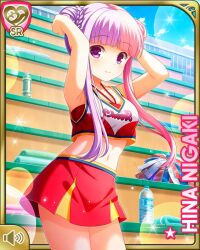 Rule 34 | 1girl, alternate hairstyle, card, character name, cheerleader, closed mouth, day, female focus, girlfriend (kari), long hair, midriff, multicolored hair, navel, niigaki hina, official art, outdoors, pink hair, pleated skirt, purple eyes, purple hair, qp:flapper, red shirt, red skirt, shirt, skirt, smile, solo, tagme