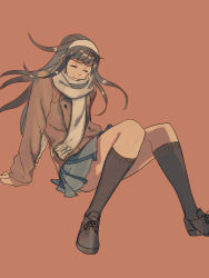 10s 1girl arm_support black_hair brown_theme closed_eyes contemporary female_focus guila hairband highres kneehighs long_hair nanatsu_no_taizai pleated_skirt scarf sitting skirt socks solo w9 wind