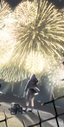 1girl aerial_fireworks bag black_shoes black_socks chain-link_fence dow_suitable fence fireworks from_behind highres jacket kaga_sumire lupinus_virtual_games medium_hair outdoors purple_jacket school_bag shoes socks solo stuffed_toy virtual_youtuber vspo! white_hair wide_shot