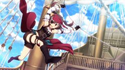1girl ahoge asakura_mihono black_boots black_gloves blue_sky boots breasts brown_eyes brown_hair brown_shorts cloud coat coat_around_waist day detached_sleeves eyepatch frilled_sleeves frills game_cg gloves headband medium_breasts midair navel non-web_source official_art one_eye_covered open_mouth outdoors pirate_ship red_coat red_headband shorts sky solo thigh_strap toji_no_miko toji_no_miko:_kizamishi_issen_no_tomoshibi two_side_up v-shaped_eyebrows white_sleeves