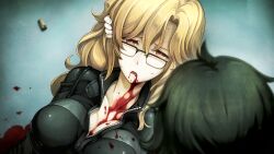 2015 2girls belt black-framed_eyewear black_belt black_hair blonde_hair blood blood_from_mouth blood_on_breasts blood_on_face bodysuit breasts bullet cleavage collarbone dying from_above from_behind game_cg glasses gloves hair_between_eyes highres hiyajou_maho huke jitome kiryuu_moeka large_breasts latex latex_bodysuit latex_gloves leather_belt long_hair lying messy_hair multiple_girls narrowed_eyes non-web_source official_art on_back open_mouth partially_unzipped pink_eyes pool_of_blood red_eyes sad semi-rimless_eyewear shell_casing skin_tight spoilers steins;gate steins;gate_0 sweatdrop tongue