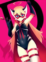1girl ahoge arm_up armpits black_gloves black_leotard blonde_hair blue_eyes cape chiruru96 doronjo gloves leopard_(yatterman) leotard long_hair mask pink_background red_cape simple_background smile smoking_pipe solo thigh_gap thigh_strap thighhighs thighs time_bokan_(series) white_thighhighs yatterman yoru_no_yatterman