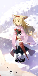 Rule 34 | 1girl, absurdres, animal ears, arknights, artist name, blonde hair, bobby socks, chinese commentary, closed mouth, colored tips, commentary request, flower, fox ears, fox girl, full body, green eyes, hair flower, hair ornament, hairband, highres, holding, holding umbrella, japanese clothes, kimono, kitsune, kyuubi, long hair, long sleeves, multicolored hair, multiple tails, official alternate costume, okobo, pink kimono, platform sandals, red hairband, red umbrella, sandals, signature, socks, solo, standing, suzuran (arknights), suzuran (yukibare) (arknights), tail, umbrella, white hair, white socks, zi luo (zilos)