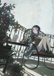 1girl black_hair book cake cat chair dutch_angle ferris_wheel food highres holding holding_book hotatenshi knees_up long_hair long_sleeves on_chair original outdoors plant railing rocking_chair shorts sitting solo table teapot