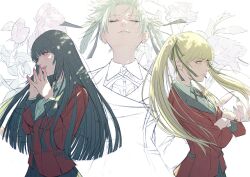 3girls absurdres black_hair black_ribbon blazer blonde_hair blue_nails braid braided_hair_rings closed_mouth collared_shirt commentary_request crossed_arms dappled_sunlight facing_viewer flower hair_ribbon hair_rings highres hyakkaou_academy_school_uniform jabami_yumeko jacket kakegurui lapels long_sleeves looking_ahead momobami_kirari multiple_girls nail_polish own_hands_together partially_colored pink_eyes red_jacket ribbon saotome_mary school_uniform shirt ssk06150 steepled_fingers straight_hair sunlight twintails upper_body white_hair wing_collar yellow_eyes