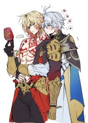 Rule 34 | ..., 2boys, abs, antenna hair, arm tattoo, armlet, armor, bare pectorals, black choker, black coat, black gloves, black pants, black shirt, blonde hair, blue cape, blue eyes, braid, cape, chest tattoo, choker, clawed gauntlets, coat, commentary request, cup, earrings, facial tattoo, fingerless gloves, gloves, gold earrings, gradient hair, hair between eyes, heart, highres, holding, holding cup, honkai: star rail, honkai (series), hug, hug from behind, jewelry, korean commentary, male focus, medium hair, multicolored hair, multiple boys, mydei (honkai: star rail), neck tattoo, open clothes, open coat, pants, pauldrons, pectorals, phainon (honkai: star rail), red hair, red tattoo, shirt, short hair, shoulder armor, side braid, simple background, single pauldron, sndayrobin, spoken ellipsis, spoken heart, sun symbol, sun tattoo, sweatdrop, tan, tattoo, toned, toned male, white background, white coat, white hair, yaoi, yellow eyes