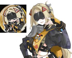 Rule 34 | 1girl, black gloves, blindfold, blonde hair, breasts, camouflage, covered eyes, eye mask, fingerless gloves, gloves, hair ornament, jacket, large breasts, long hair, navel, open mouth, parted bangs, ponytail, reference inset, rekka, smile, solo, trigger (zenless zone zero), upper body, white background, zenless zone zero
