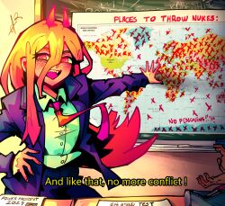 1girl 1other absurdres alpharecdyt blonde_hair blue_jacket chainsaw_man chalkboard collarbone commentary cross-shaped_pupils demon_girl demon_horns english_commentary english_text formal_clothes hair_between_eyes hand_on_own_hip highres horns indoors jacket long_hair map_(object) necktie pant_suit pants power_(chainsaw_man) red_horns red_necktie sharp_teeth shirt solo_focus subtitled suit suit_jacket symbol-shaped_pupils teeth white_shirt yellow_eyes