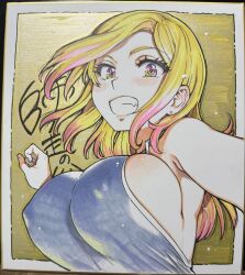Rule 34 | 1girl, bare shoulders, blonde hair, blush, blushing female, bouncing breasts, breasts, colorized, earrings, gold background, highres, jewelry, large breasts, long hair, looking at viewer, miruka, mouth hold, multicolored hair, purple eyes, shikishi, shiwasu no okina, sideboob, sign, smile, solo, swing, tagme, teeth hold, traditional media, two-tone hair, visible ears, yellow background
