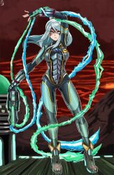 1girl alternate_color alternate_costume alternate_eye_color alternate_hair_color alternate_weapon armor blue_gemstone bodysuit boots breastplate breasts chest_jewel commentary corruption crescent crescent_print crossover dark_persona double_helix energy_whip english_commentary facial_mark facial_tattoo fierce_deity fingerless_gloves frown gem gloves glowing high_heel_boots high_heels highres holding holding_weapon holding_whip lava long_hair looking_down metroid metroid:_zero_mission nintendo no_pupils outstretched_arms ponytail possessed possession samus_aran serious skin_tight standing stoic_seraphim super_smash_bros. tattoo the_legend_of_zelda the_legend_of_zelda:_majora&#039;s_mask triangle triangle_print weapon whip white_eyes white_hair wrist_guards zero_suit