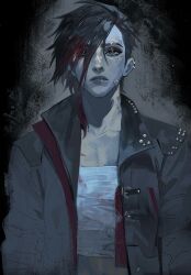 1girl arcane:_league_of_legends arcane_vi bandage_on_face bandages chest_sarashi earclip face_piercing facial_tattoo highres hong_3740 jacket league_of_legends looking_at_viewer nose_piercing open_clothes open_jacket piercing sarashi short_hair solo studded_jacket tattoo vi_(league_of_legends)
