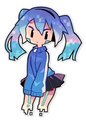 1girl black_eyes black_skirt blue_hair cowboy_shot digital_dissolve ene_(kagerou_project) facial_mark kagerou_project long_hair looking_at_viewer mukumi pleated_skirt skirt solo transparent_background twintails