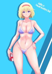 Rule 34 | 1girl, alice margatroid, blonde hair, blue eyes, breasts, character name, commentary request, hairband, highres, looking at viewer, medium breasts, navel, short hair, smile, solo, touhou, yamada satoshi