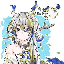 1girl arknights bare_shoulders blonde_hair blue_background blue_eyes blue_hair border brown_pupils chinese_commentary closed_mouth collarbone commentary_request dragon_bubble_(arknights) grey_hair hair_between_eyes hair_intakes jewelry long_hair looking_at_viewer mao_wan_yu_w multicolored_hair necklace notice_lines oekaki off_shoulder outside_border pointy_ears portrait shu_(arknights) smile solo split_mouth white_border