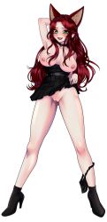 1girl absurdres animal_ears black_dress black_panties breasts breasts_out choker clothes_lift collar dress dress_lift fox_ears green_eyes high highres kitsune kuriimutenshi_(virtual_youtuber) large_breasts long_hair nipples open_mouth panties panties_around_leg pussy red_hair riley_av solo underwear