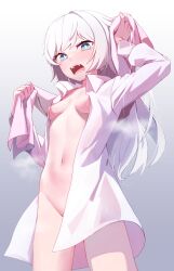 1girl absurdres areola_slip artist_request blue_eyes breasts bright_pupils collared_shirt commentary_request commission cowboy_shot drying drying_hair gradient_background grey_background highres holding holding_towel korean_commentary long_hair long_sleeves looking_at_viewer naked_shirt navel nipples open_clothes open_mouth open_shirt original second-party_source shirt small_breasts solo stomach towel white_hair white_pupils white_shirt